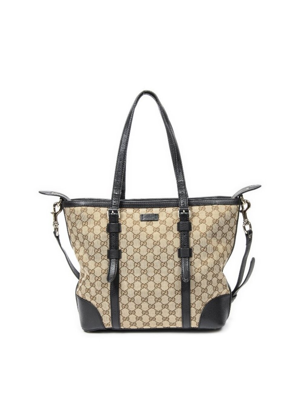 Gucci Zip Shopping Tote Bag Black Beige GG Canvas